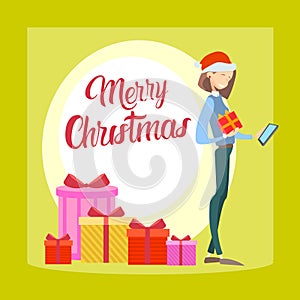 Happy Business Woman Hold Present Box Using Cell Smart Phone Merry Christmas New Year