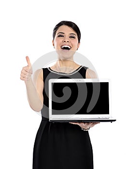 Happy business woman holding a laptop on white
