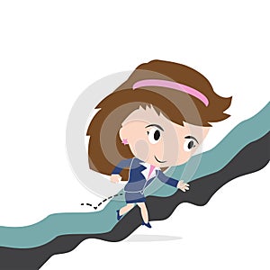 Happy business woman jumping over gap of cliff or obstacle to success concept