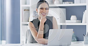 Happy business woman, laptop and career ambition in finance, accounting or startup at office. Portrait of female person