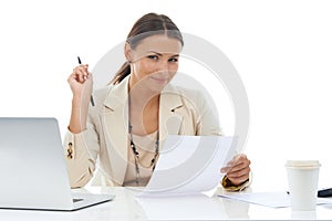 Happy business woman, laptop and documents for finance, accounting or budget planning on a white studio background