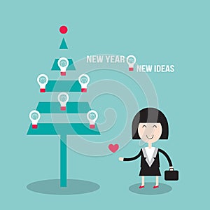 Happy business woman near Christmas tree with light bulbs. New Year - New Ideas