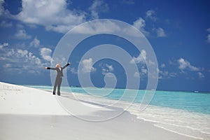 Happy business woman on the ocean coast