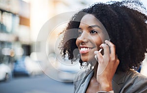 Happy business woman, phone call and city for conversation, communication or networking outdoors. Female employee