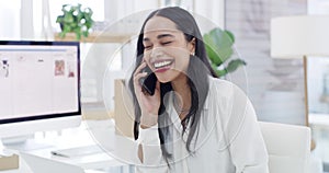 Happy business woman, phone call and laughing for joke, funny conversation or communication at office. Female employee