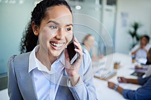 Happy business woman, phone call and meeting for communication, discussion or networking at office. Face of female