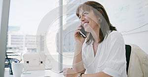 Happy business woman, phone call and office for conversation, networking or communication. Female person or employee