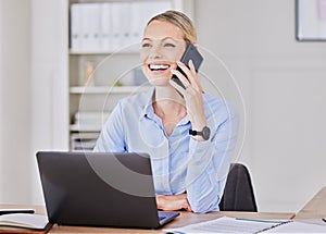 Happy business woman, phone call and office at desk with motivation, sales and smile in finance agency. Financial expert