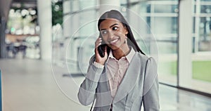 Happy business woman, phone call and walking at office in communication, conversation or listening. Female person or