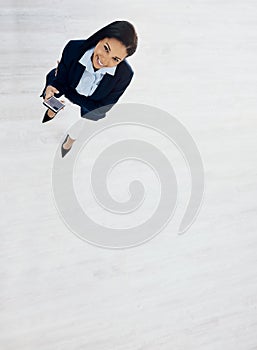 Happy business woman, phone and mockup space above for communication or networking at the office. Portrait of female