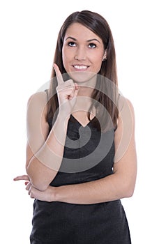 Happy business woman is pointing with forefinger isolated on white.