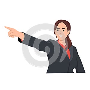 Happy business woman pointing hand to copy space away. Business woman presenting or introducing something. Advertisement or