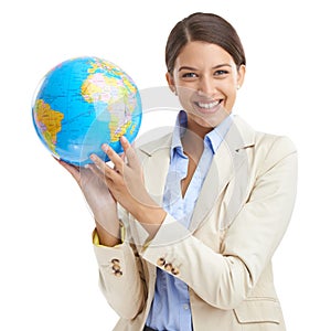 Happy, business woman and portrait with globe in studio mock up and corporate professional for global networking. Young