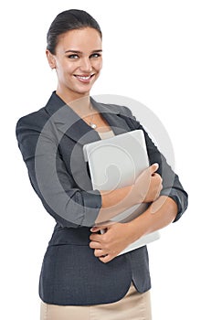 Happy, business woman and portrait with laptop of receptionist on a white studio background. Female person, admin or