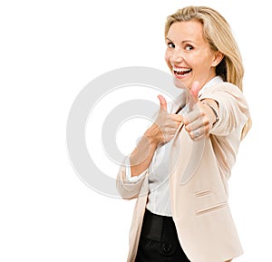 Happy business woman, portrait and thumbs up for success isolated on a white studio background. Female person show thumb