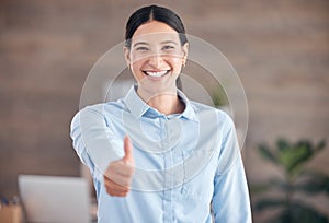 Happy business woman, portrait and thumbs up in winning, success or good job at office. Female person or employee smile