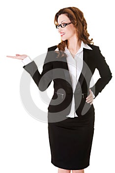 Happy business woman presenting something on palm.