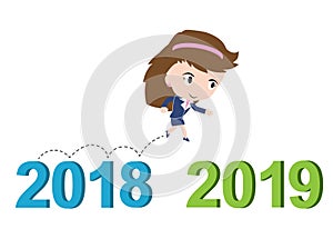 Happy business woman running from 2018 to 2019, new year success concept,