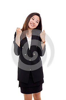 Happy business woman showing blow