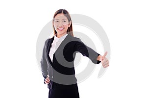 Happy business woman smiling and giving thumbs up on white background.