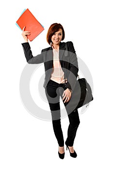 Happy business woman or student with portfolio standing and smiling