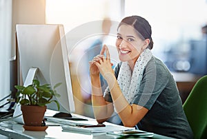 Happy, business woman and thinking in office with computer and paper for creative career as copywriter or journalist