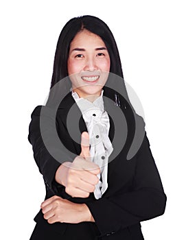 Happy business woman with thumbs up gesture isolated on white ba