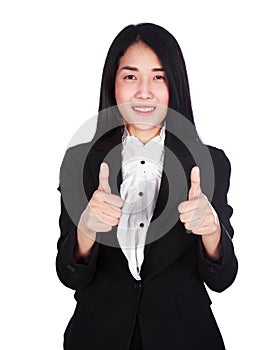 Happy business woman with thumbs up gesture isolated on white ba