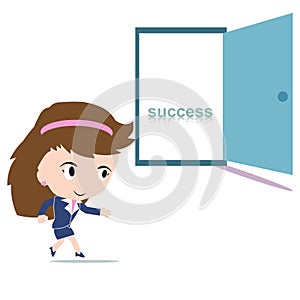 Happy business woman walking to an open door with word success inside