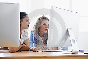 Happy business women, working or computer at desk in office or teamwork diversity for writing ebook. Journalist, review