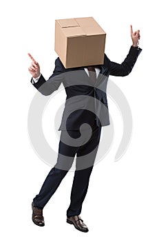 Happy businessman with box on head