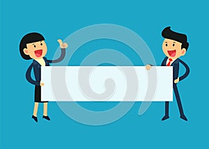 Happy businessman and businesswoman holding blank sign. Business presentation and announcement concept. vector illustration