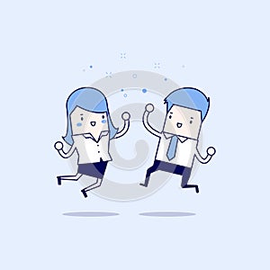 Happy Businessman and Businesswoman Jumping. Business Concept. Cartoon character thin line style vector.