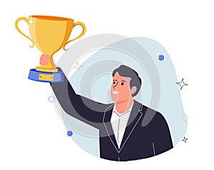 Happy businessman celebrate victory. Cup winner. Inspiration and motivation. Hand drawn style vector design illustration