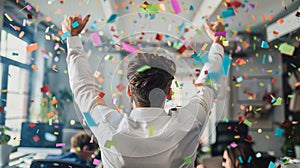 Happy businessman celebrating success. Joy, victory, confetti in the office.