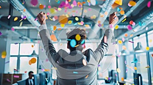 Happy businessman celebrating success. Joy, victory, confetti in the office.