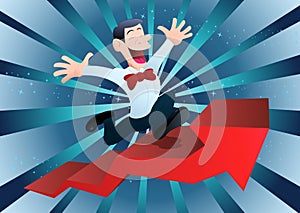 Happy businessman climbing ascending arrow