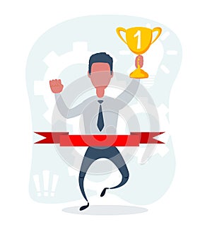 Happy businessman crosses finish line with trophy cup, gold medal, for business competition or success themes design