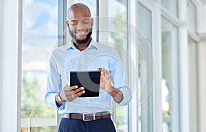 Happy businessman with digital tablet check the online stock market or money trading. Corporate Black man or worker