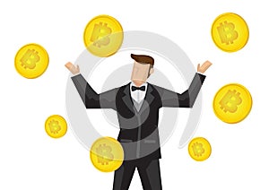 Happy businessman earning a fortune from bitcoin