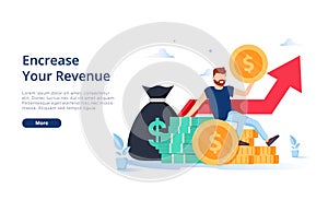 Happy businessman earning money flat vector illustration. Cartoon millionaire, banker holding huge coin. Finance growth