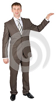 Happy businessman giving presentation on copyspace