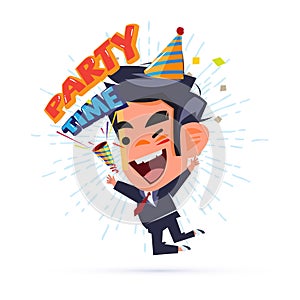 Happy businessman Happy and jumping with `Party Time text`. party popper. weekend party and successfully concept