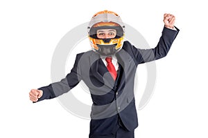 Happy businessman with helmet isolated in white