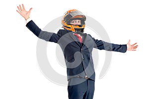 Happy businessman with helmet isolated in white