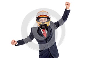 Happy businessman with helmet isolated in white