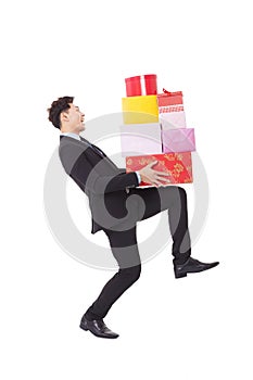 Happy Businessman hold with gift box