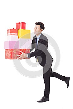 Happy Businessman hold with gift box