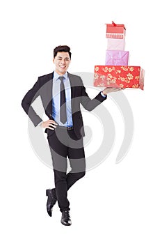 Happy Businessman hold with gift box