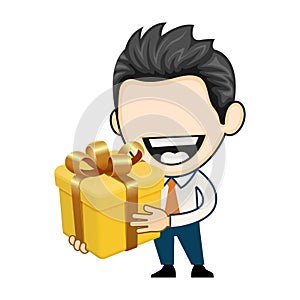 Happy businessman holding a big gift box with bow